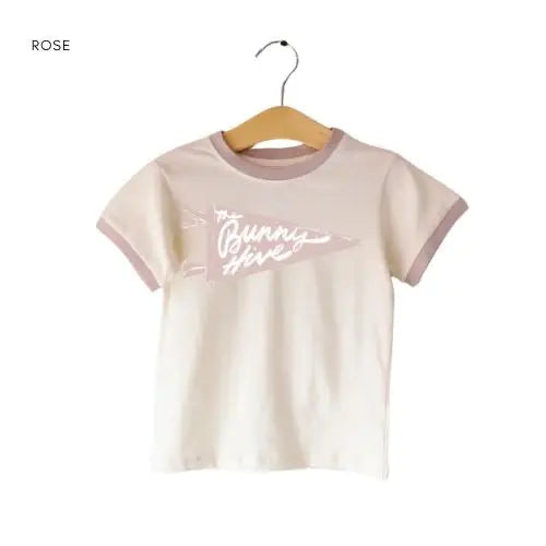 Cream-colored Bunny Hive Signature Ringer Tee with pink trim for kids in Rose