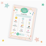 Candy shop menu on a pretend play pad with cute pastel illustrations and pink stripes
