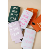 Colorful Beverage Koozies for Mom of the Year, featuring Cat Mom and Dog Mom designs