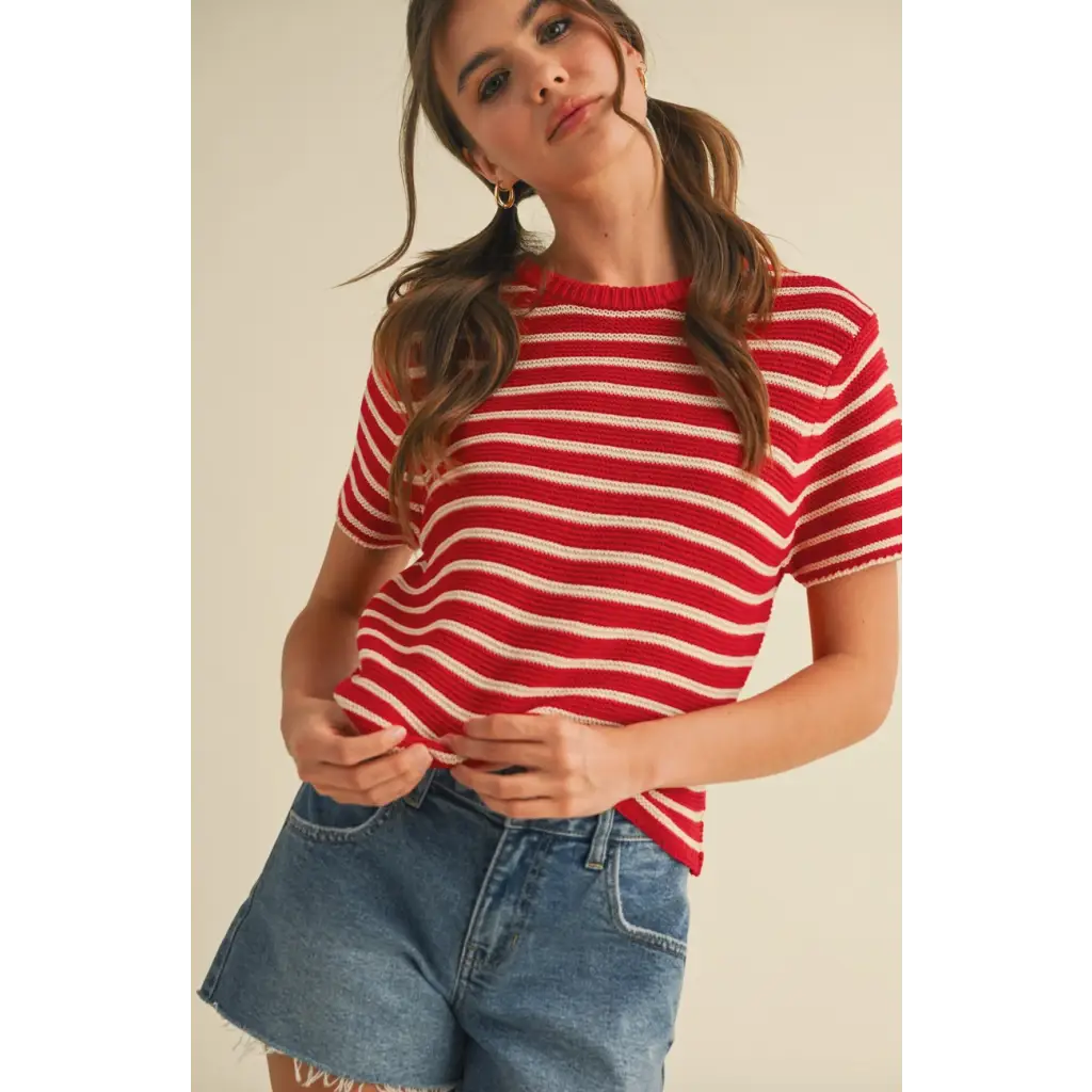 Red and white short sleeve striped sweater top with blue denim shorts perfect for summer
