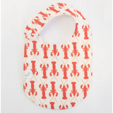 Navy Charlie Snap Bib with fun coral lobster prints perfect for babies and toddlers