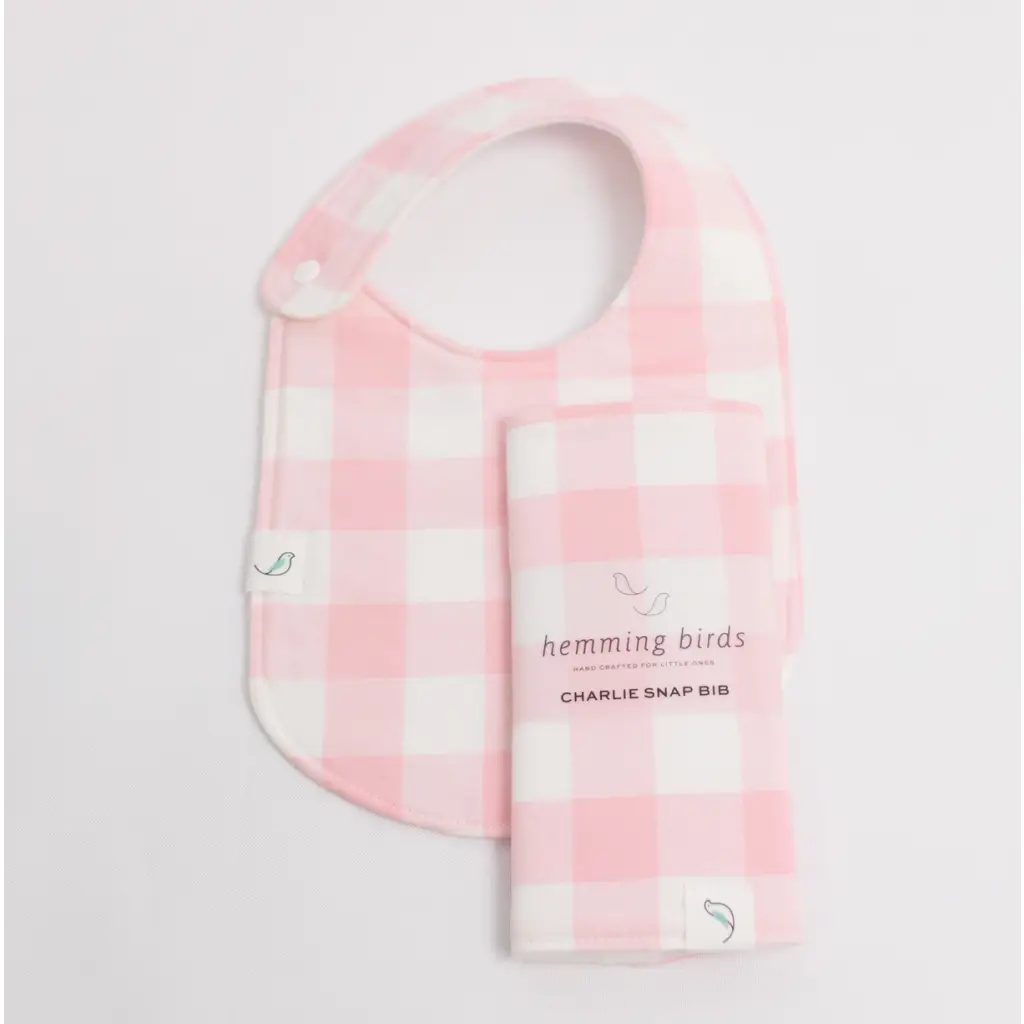 Charlie Snap Bibs in Pink Gingham with Cute Yellow Ducks for baby feeding and burping