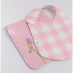 Pink and white checkered Charlie Snap Bibs with matching burp cloth featuring cute ducks