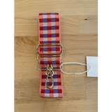 Red and blue checkered adjustable purse straps for a stylish upgrade with metal hardware