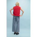 Stylish womens clothes with red sleeveless top and gray wide-leg pants for moms