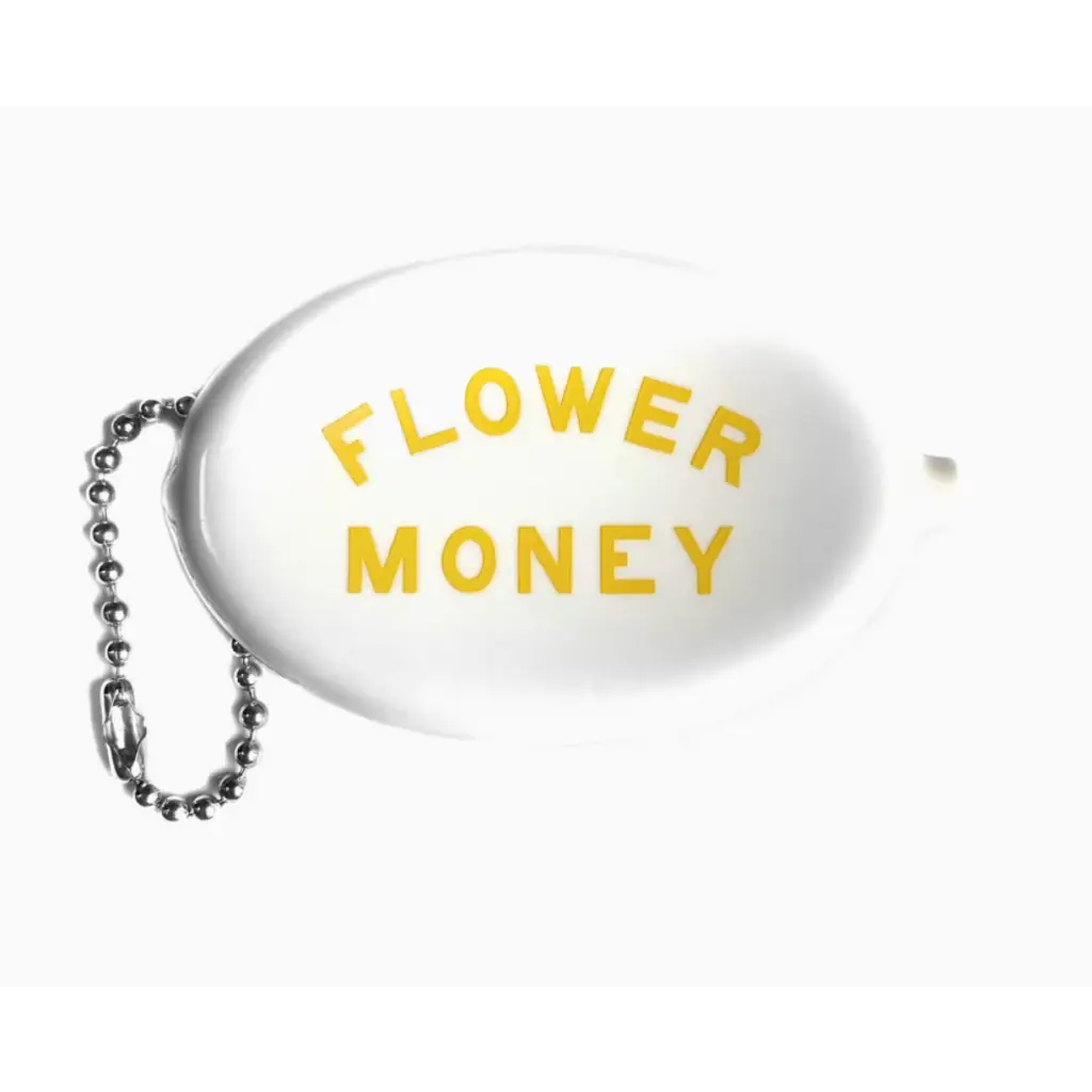 White oval keychain with yellow Flower Money text, matching Vintage-inspired Rubber Coin Pouch