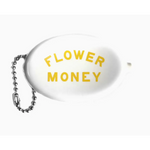 White oval keychain with yellow Flower Money text, matching Vintage-inspired Rubber Coin Pouch