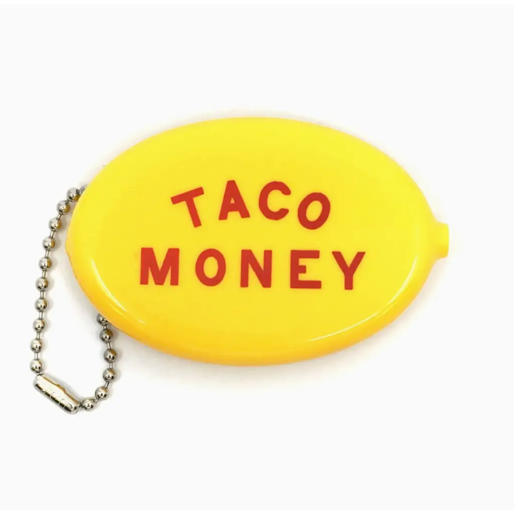 Yellow Taco Money coin purse with red text and metal chain, perfect for vintage vibes