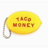 Yellow Taco Money coin purse with red text and metal chain, perfect for vintage vibes