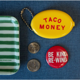 Yellow taco money coin purse with red text, perfect for vintage-inspired fun vibes