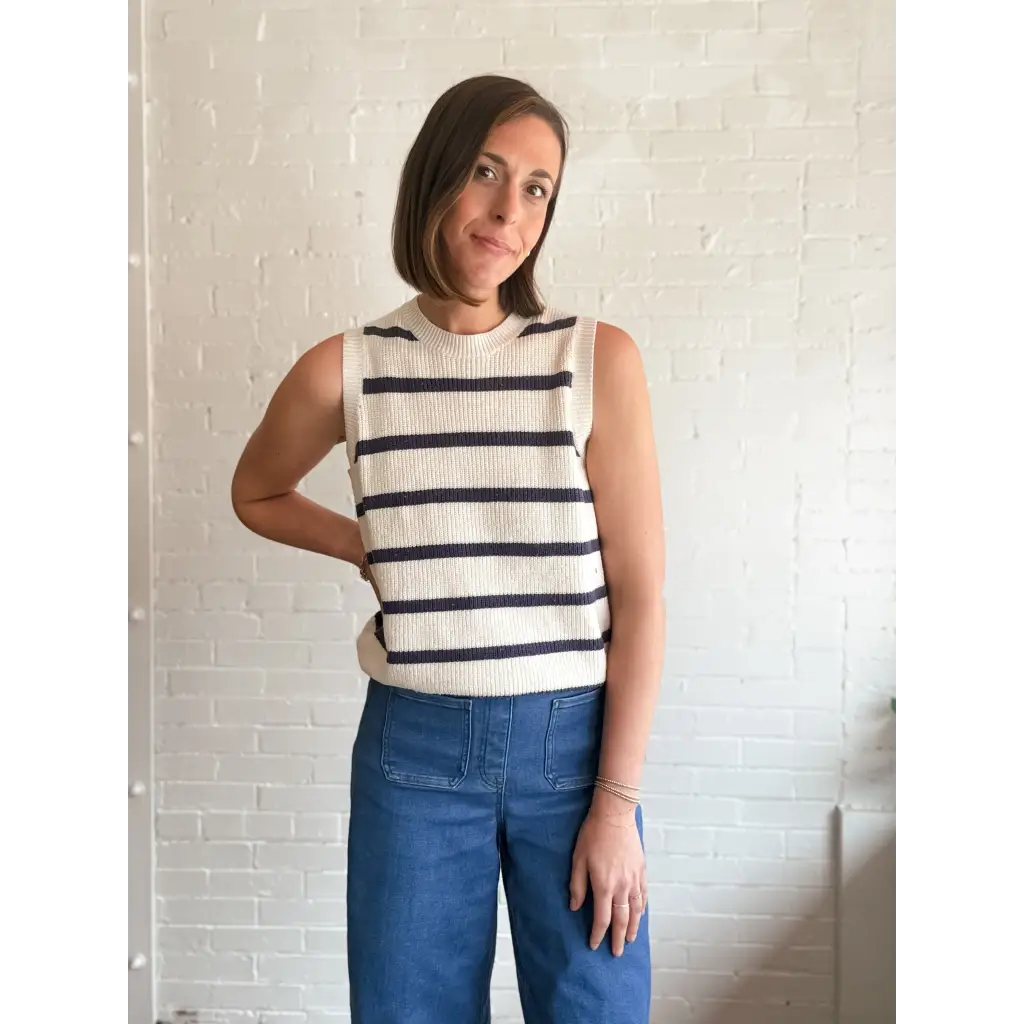 Colleen Striped Sweater Vest featuring a sleeveless knit striped top perfect for layered looks