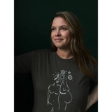 Person in a dark graphic tee featuring minimalist female line drawings with free shipping