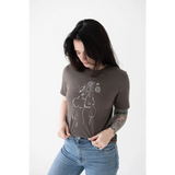Brown graphic tee with minimalist line drawing of female figure and flowers - free shipping