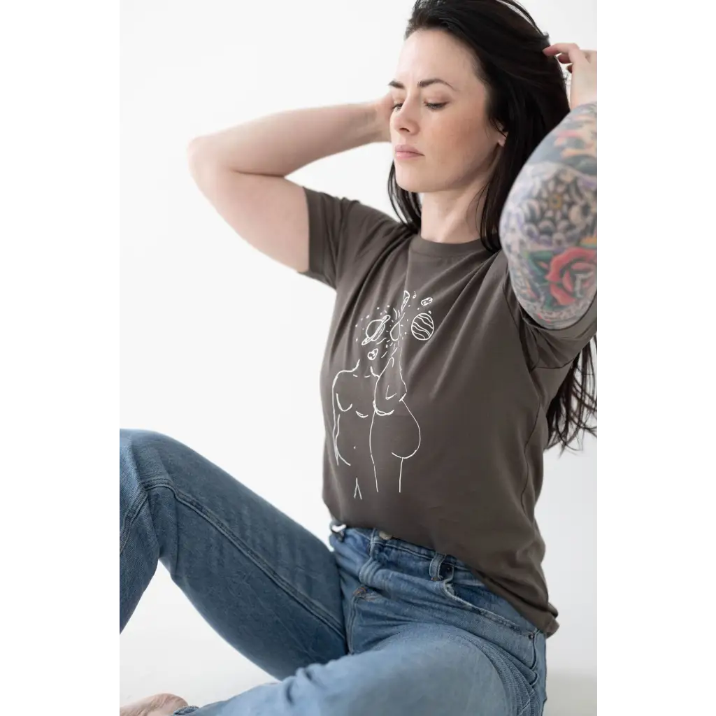 Gray graphic tee with minimalist line art of a female figure and free shipping options