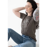 Gray graphic tee with minimalist line art of a female figure and free shipping options