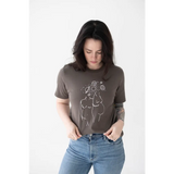 Brown graphic tee with minimalist female line art and flowers, free shipping included