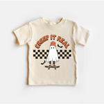 Cream-colored Creep It Real Halloween toddler youth shirt with ghost skateboard graphic