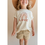 White Cultivate Love Organic Cotton T-shirt for Kids with rainbow arch design