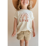 White Cultivate Love Organic Cotton T-shirt for Kids with rainbow arch design
