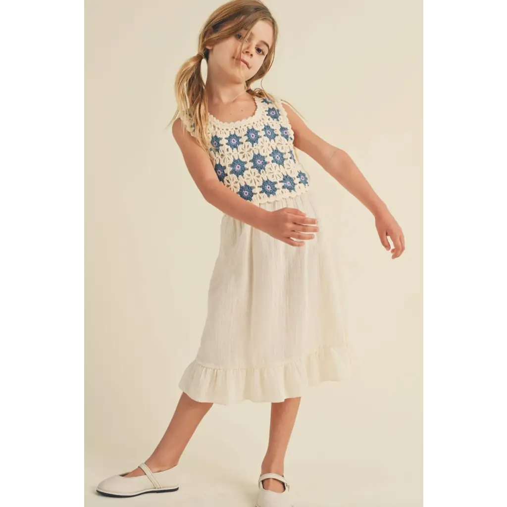 Girl’s crochet-top midi dress from Daisy Dreams with polished prints for tweeners