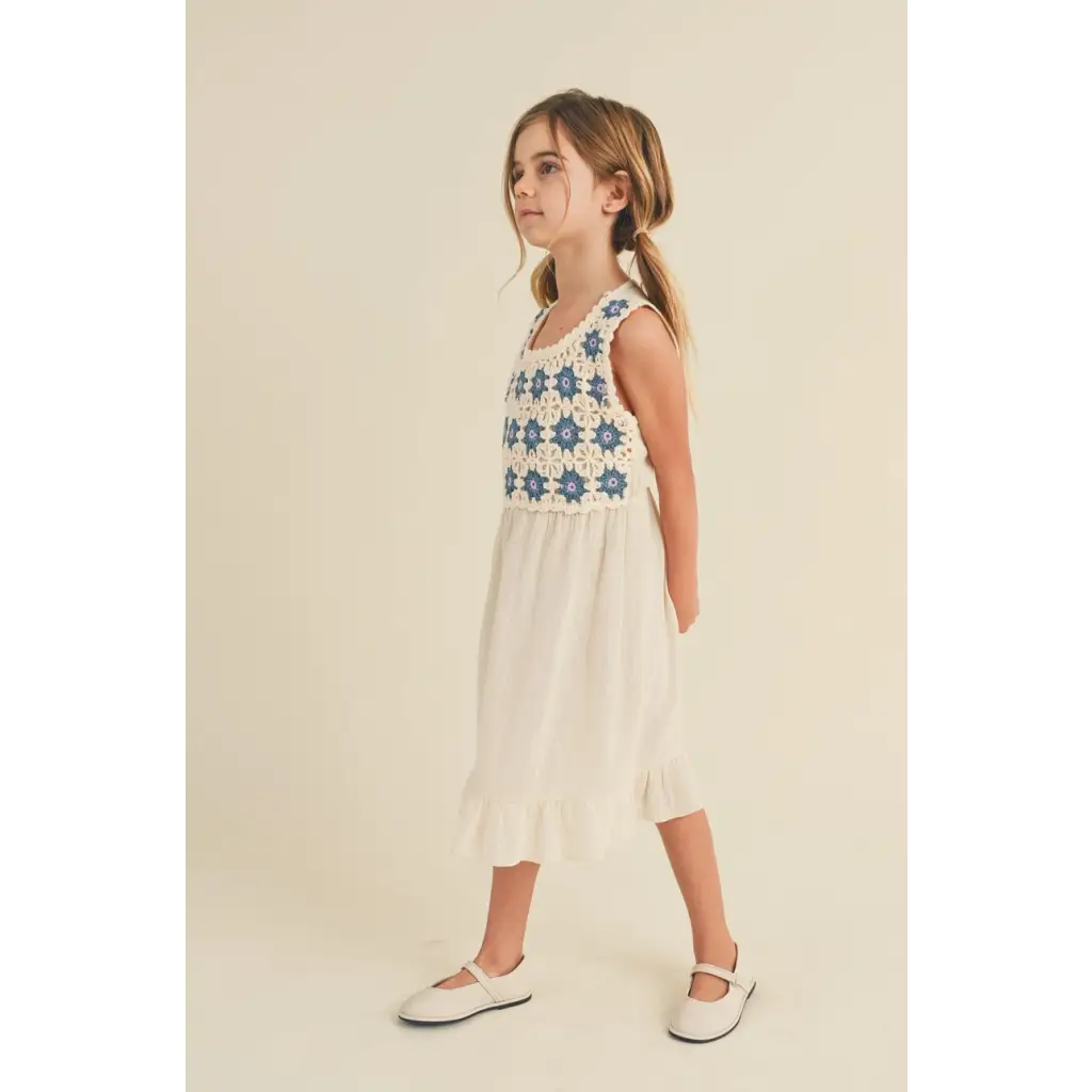 Daisy Dreams Tween Kids Crochet Woven Midi Dress with white crocheted top perfect for summer
