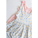 Light blue floral Daisy Twirl Dress with gathered waist and pink trim for fun outings