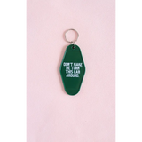 Green vintage hotel keychain with funny Don’t Make Me Turn This Car Around text
