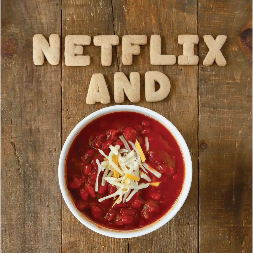 Bowl of chili with cheese over Netflix and pun art by Céline Dijon in stylish prints