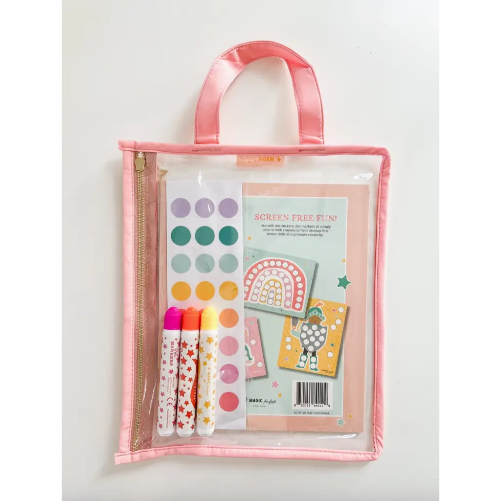 Clear plastic tote with pink trim holding Dot Marker Activity Kit with dot stickers