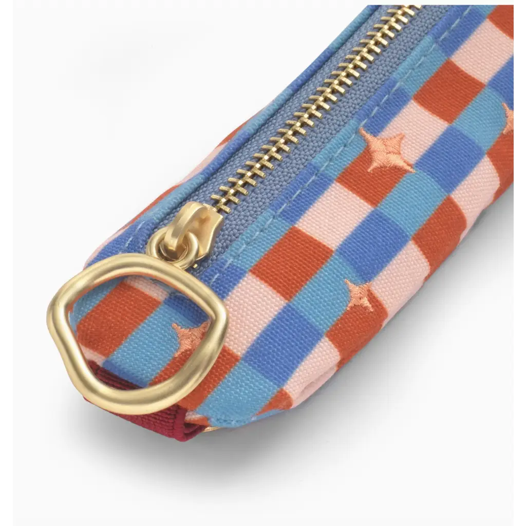 Checkered zippered pen pouch with star accents, perfect for stylish womens clothes