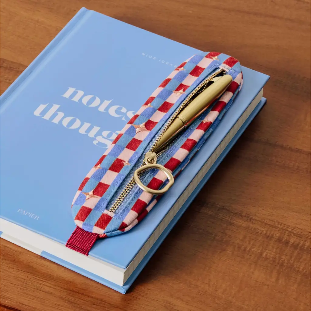 Blue elastic notebook pen pouch with zippered pen case and stylish prints