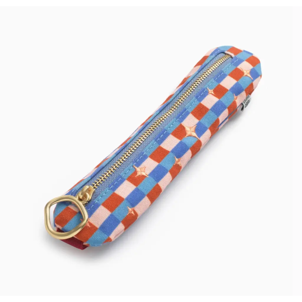 Checkered pen pouch with gold zipper, stylish womens clothes, and polished prints stealth