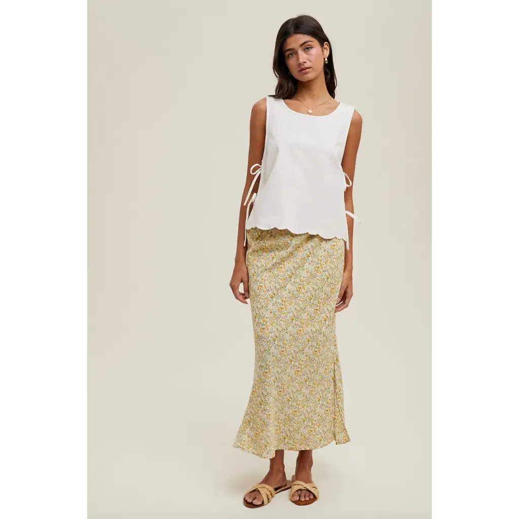 Woman in Eliza Tie-Side Tank with polished prints, perfect stylish womens clothes for moms