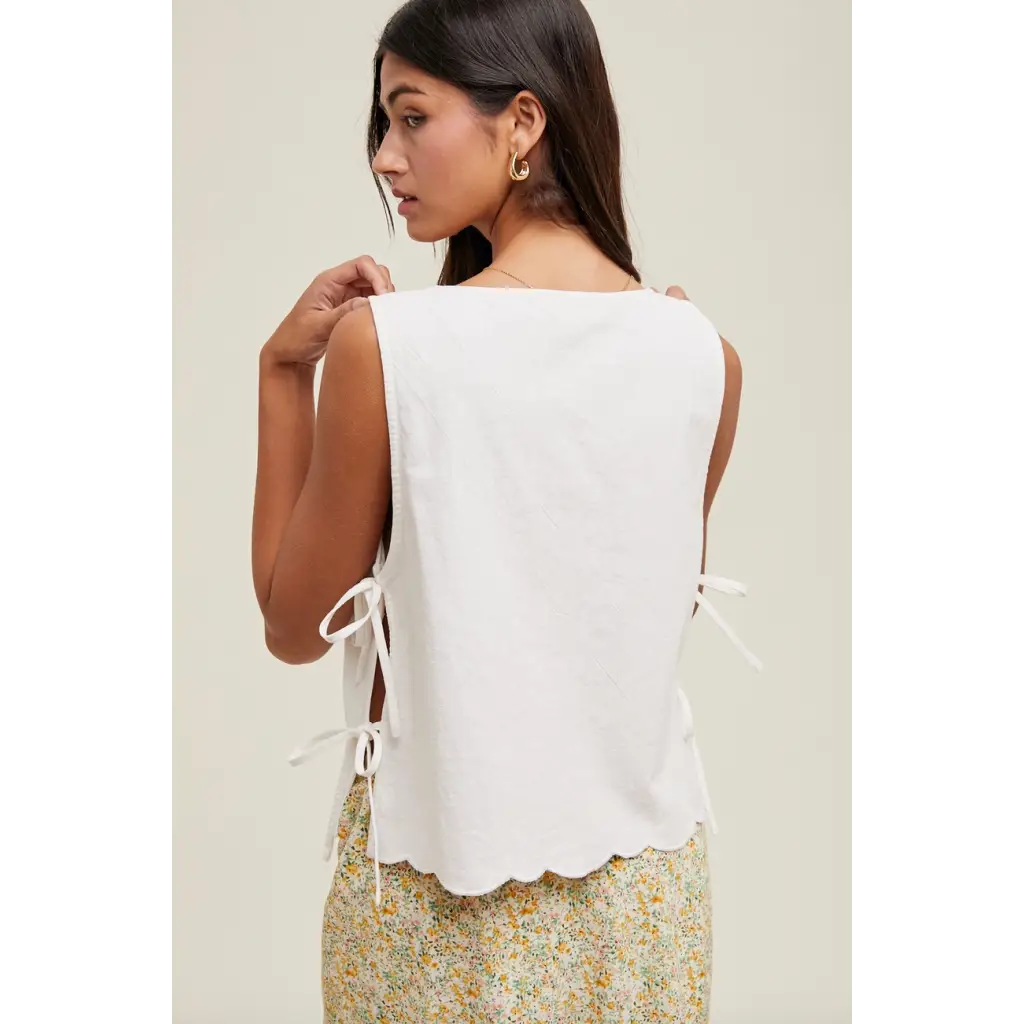 White tie-side tank top from Eliza Tie-Side Tank, perfect for stylish womens clothes