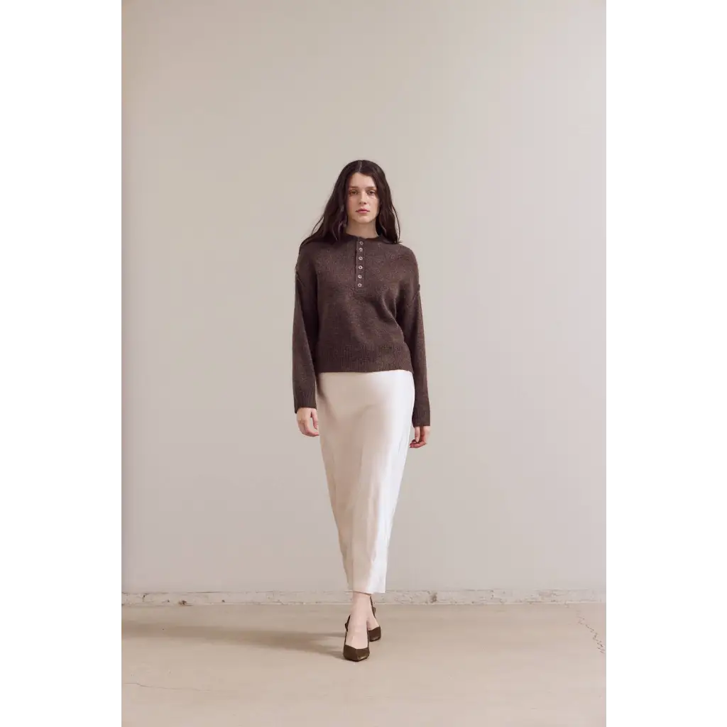 Ellia brown button-up henley sweater for stylish womens clothes