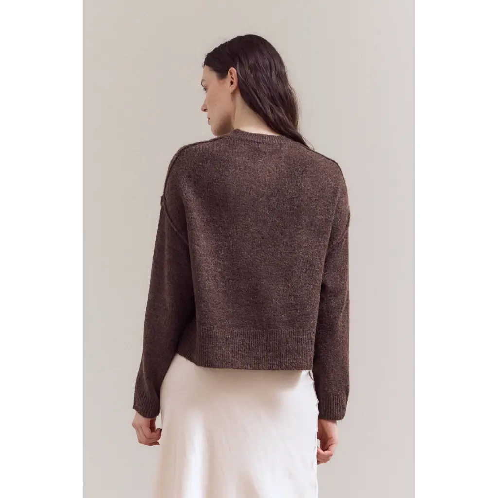 Ellia henley sweater in brown textured cropped style