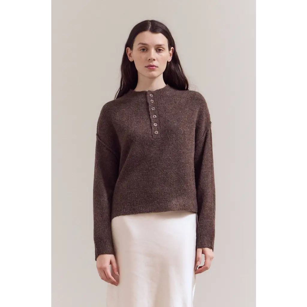 Brown textured Ellia henley sweater with front buttons