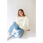White Empathy Midweight Crewneck Sweatshirt with colorful HAPPY text design