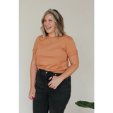 Casual orange crewneck sweater and black jeans with Toasted Unisex Adult Tee in Organic Cotton