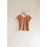 Peach Everyday Ringer Tee with White Trim hanging on a hanger for kids