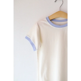 Cream Baby T-shirt with Light Blue Trim on Hanger, perfect everyday ringer tee