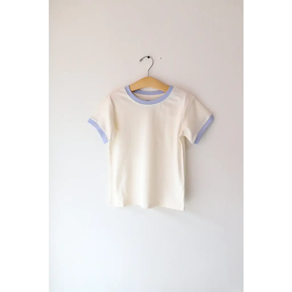 Cream Baby T-shirt with Light Blue Trim, perfect everyday basic ringer style tee