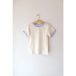 Cream Baby T-shirt with Light Blue Trim, perfect everyday basic ringer style tee