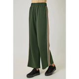 Olive green tracksuit pants with side stripes and elastic waistband, stylish womens clothes