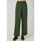 Olive green tracksuit pants with gold stripes and elastic waistband, perfect for stylish womens clothes