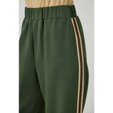 Olive green tracksuit pants with embroidered stripes and elastic waist for stylish womens clothes