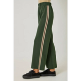 Olive green tracksuit pants with embroidered stripes and elastic waist, stylish womens clothes