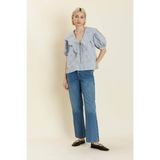 Women’s light blue embroidered puff-sleeve blouse with large collar for stylish womens clothes