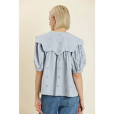 Light blue eyelet blouse with scalloped collar and puff sleeves, perfect for stylish womens clothes