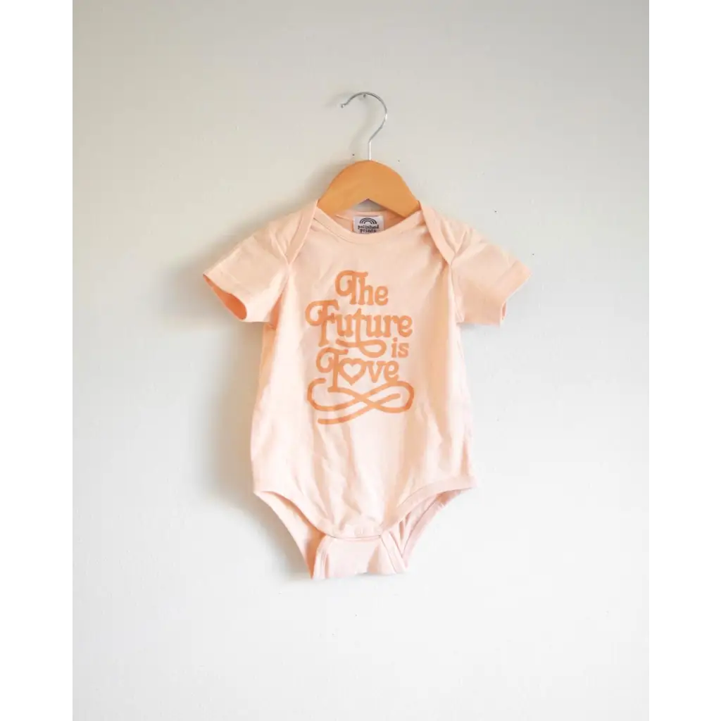 Peach Organic Cotton Baby Bodysuit with Love Design featuring retro text The Future is Love